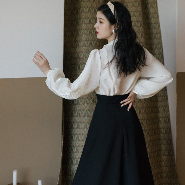 Fashion Pearl Collar Top Retro Skirt Two-piece Suit