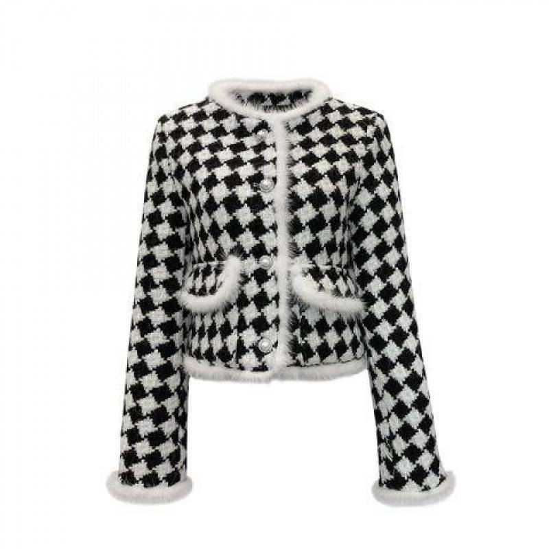 Ladies Style Checkerboard Plaid Cotton Short Coat Women