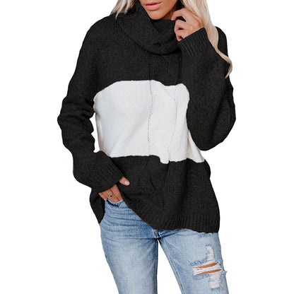 Contrasting Color Hollow Stitching Sweater Turtleneck Sweater Women