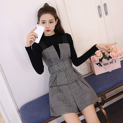 Fashion High Neck Sweater Plaid Suspenders