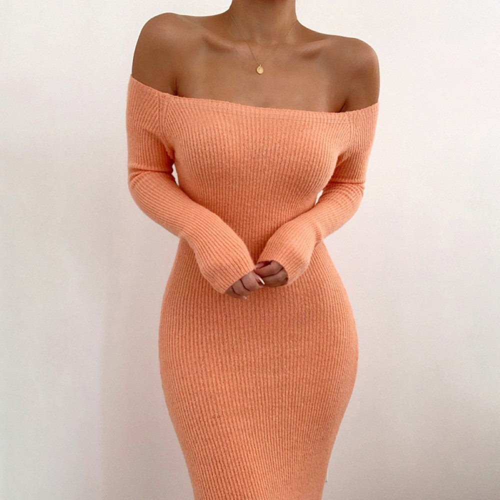 Slim-fit Knit Long-sleeved Dress With Hip-length Skirt