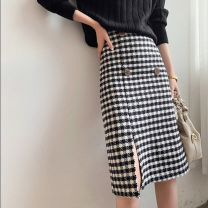 Woolen Plaid Mid-length Skirt High Waist Thinner One-step Split A-line