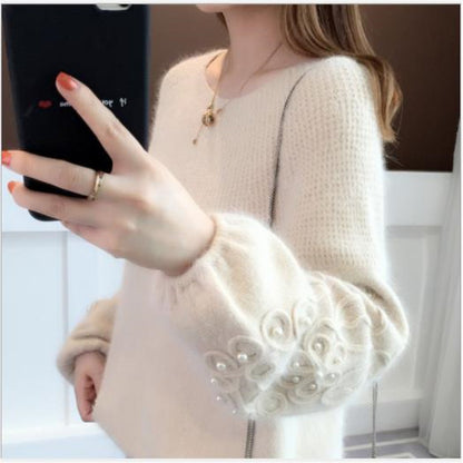 Thick Women's Short Disc Flower Beaded Knitted Bottoming Shirt With Sweet Sweater Outside