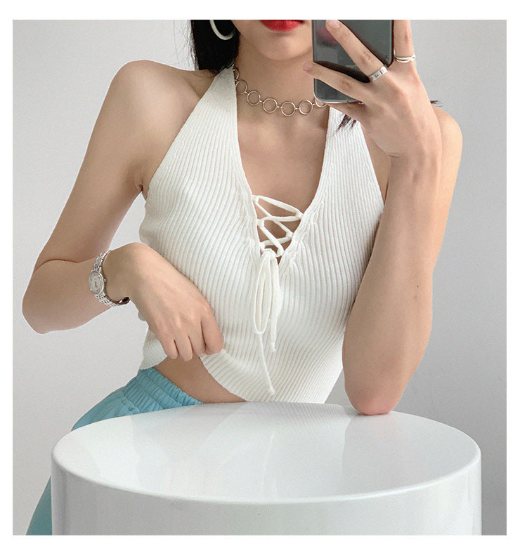 V-neck Lace-up Thread Knit Sling Tube Top