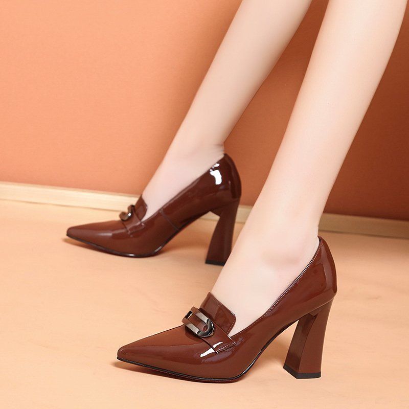 Fashion Leather All-match Thick Heel High Female Pointed Toe Shoes