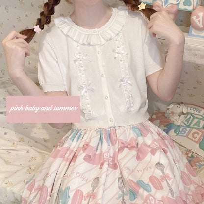 Lace Wear Ribbon Bow French Girl White Short-sleeved Knitted Top