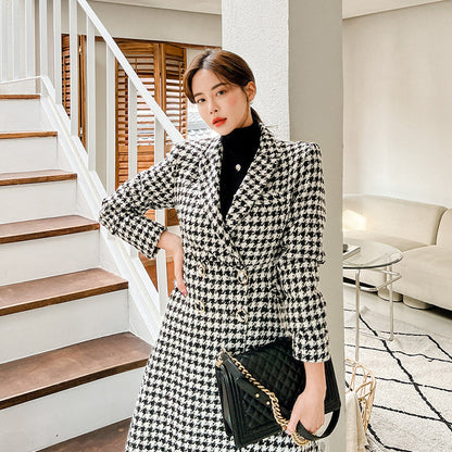 Women's Suit Collar Double-breasted Waist Slim-fit Houndstooth Woolen Coat