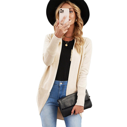 Women's Solid Color Cardigan Sweater Imitation Cotton Mid Length Long Sleeved Jacket