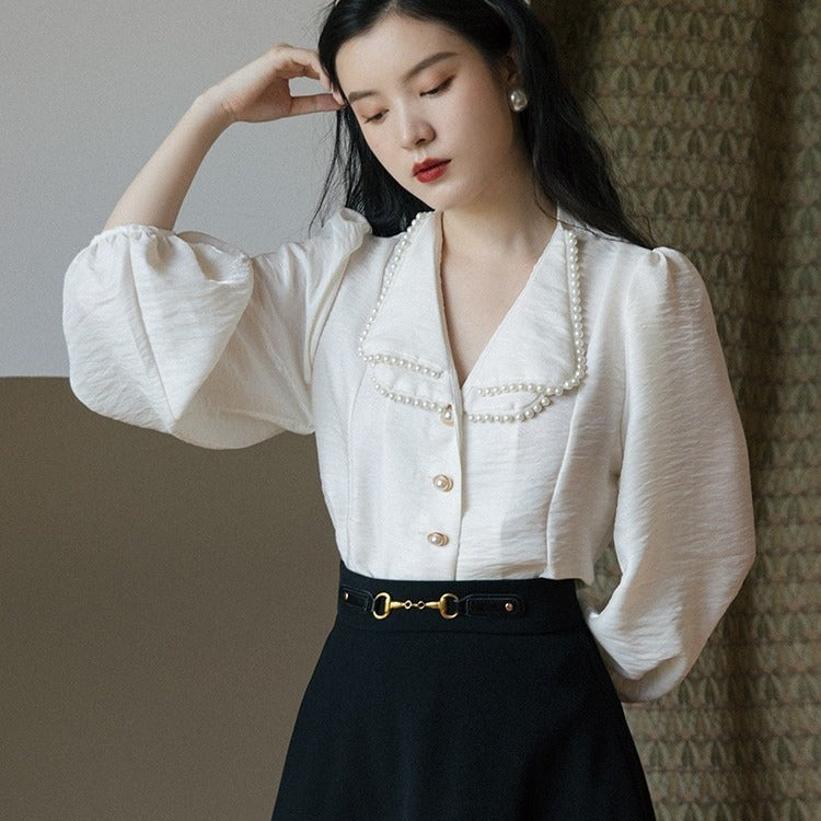 Fashion Pearl Collar Top Retro Skirt Two-piece Suit