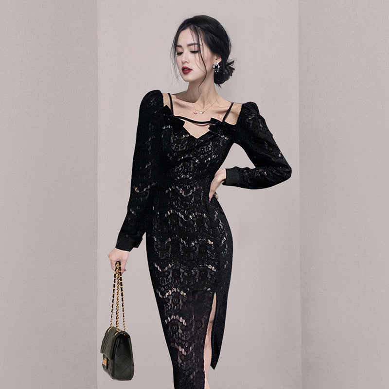 V-neck Fashion Lace Split One-step Skirt