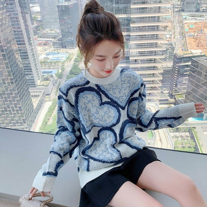 Fashion Jacquard Color Matching Knit Sweater Lazy Wind Blouse Women