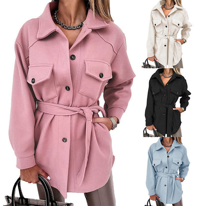 Autumn And Winter Ladies Lapel Tie Woolen Coat