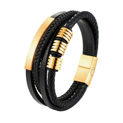 Popular Men's Titanium Steel Leather Woven Bracelet