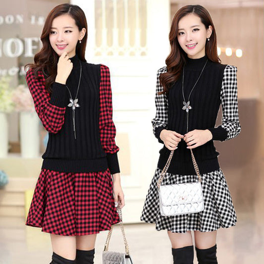 Slim Long-sleeved Plaid Bottoming Single Dress