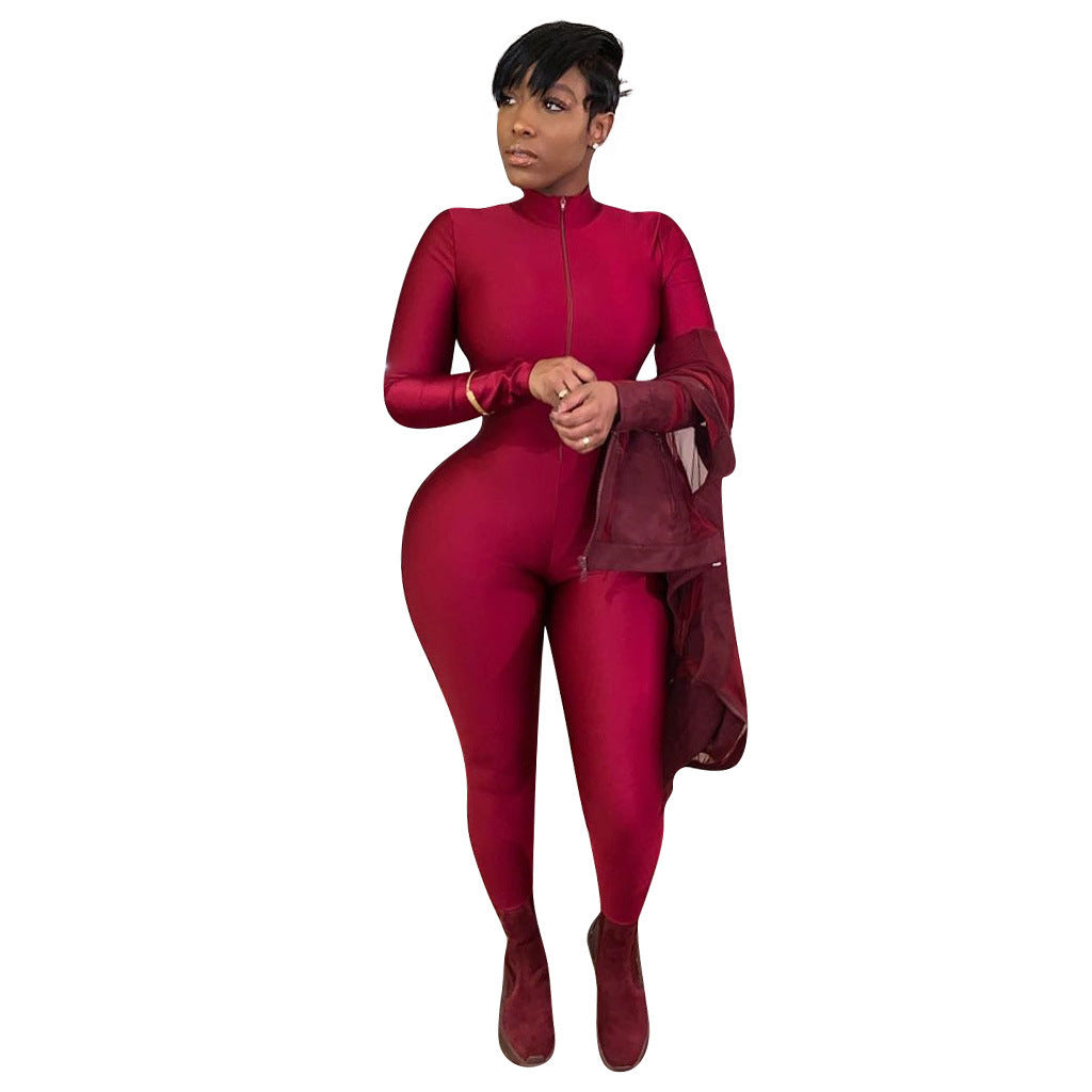 Women's Solid Color Long Zipper Tight-fitting Sexy Long-sleeved Jumpsuit