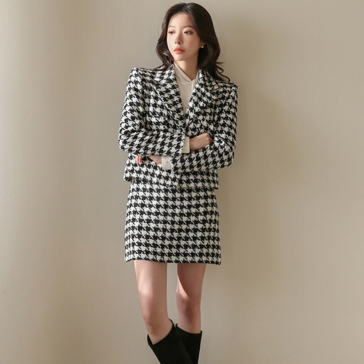 Women's Houndstooth Jacket And Skirt Suit