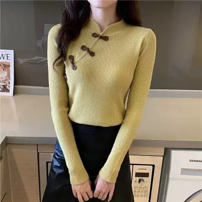 Retro Ladies Sweater Cheongsam Collar Button Slim Bottoming Shirt Top Tide