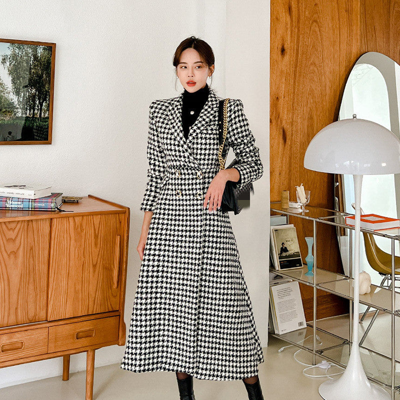 Women's Suit Collar Double-breasted Waist Slim-fit Houndstooth Woolen Coat