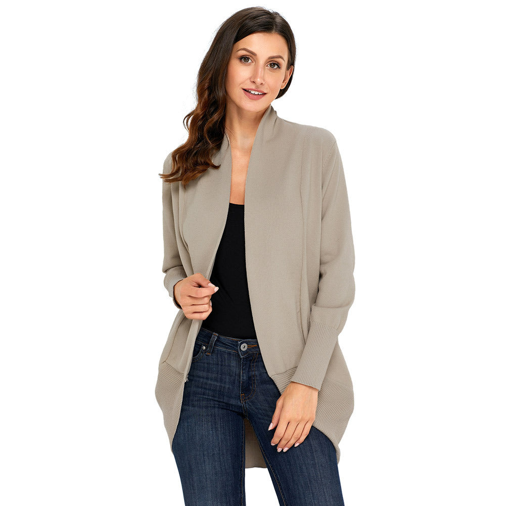 Women's Solid Color Cardigan Sweater Imitation Cotton Mid Length Long Sleeved Jacket