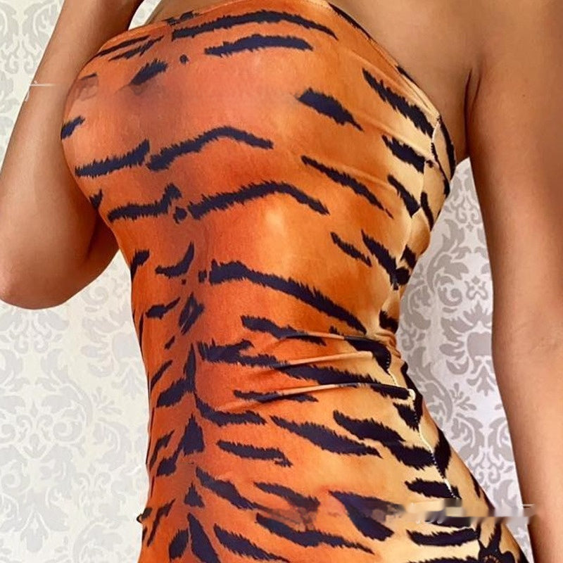 Foreign Trade Tiger Pattern Lace Stitching Printed Sexy Tube Top Tight Skirt