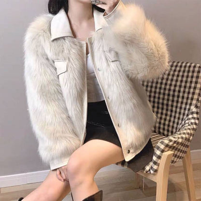 Leather Women's Motorcycle Coat Winter Faux Fox Fur Coat Slim Fit Fur One