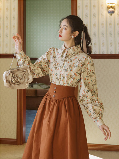 Women's Printed Shirt With High Waist Skirt Two-piece Suit