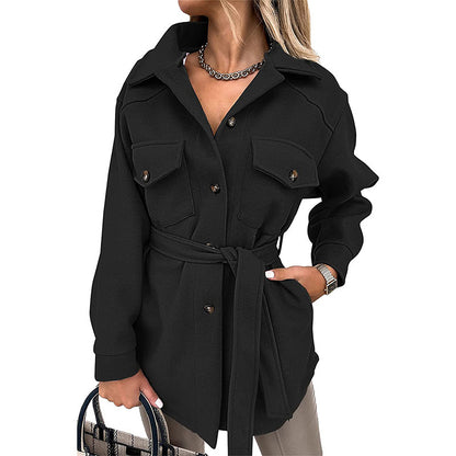 Autumn And Winter Ladies Lapel Tie Woolen Coat