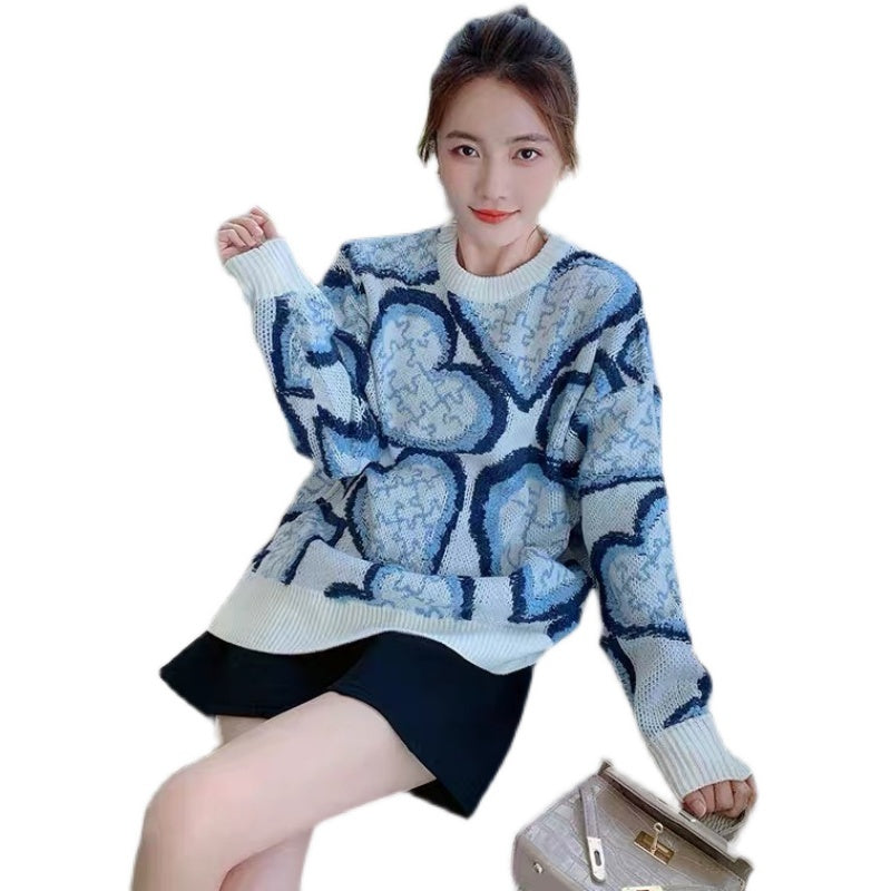 Fashion Jacquard Color Matching Knit Sweater Lazy Wind Blouse Women