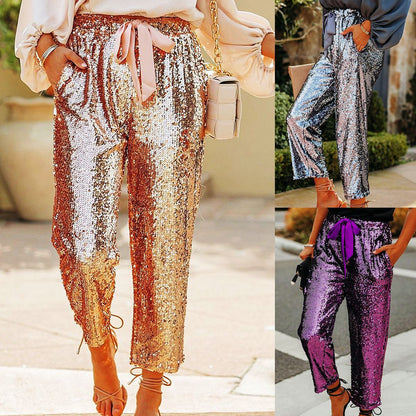 Fashion Loose High Waist Lace Up Nightclub Sequined Pants