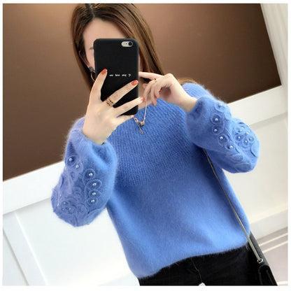 Thick Women's Short Disc Flower Beaded Knitted Bottoming Shirt With Sweet Sweater Outside