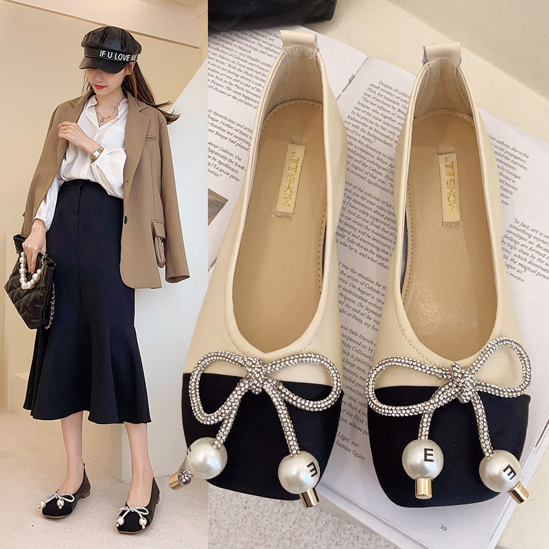 Pearl Bowknot Square Toe Flat Shoes With Soft Sole