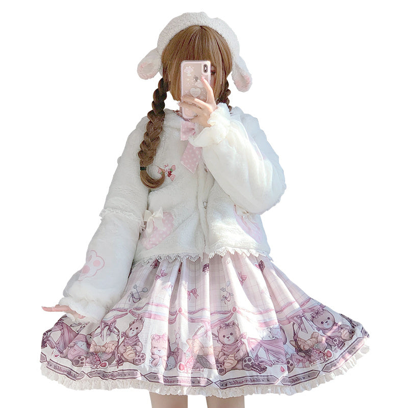 Cute Girl In Plush Rabbit Ear Short Coat