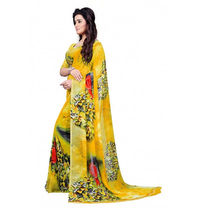 Printed Faux Georgette Yellow Color Saree