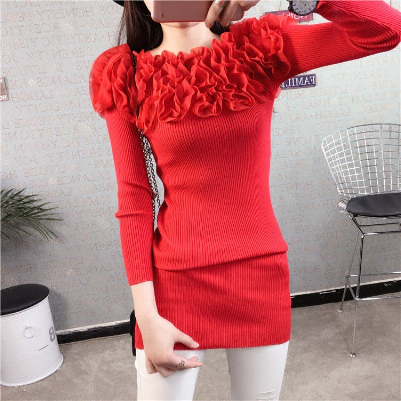 One-line Neck Strapless Short Sexy Long-sleeved Slim Knit Sweater