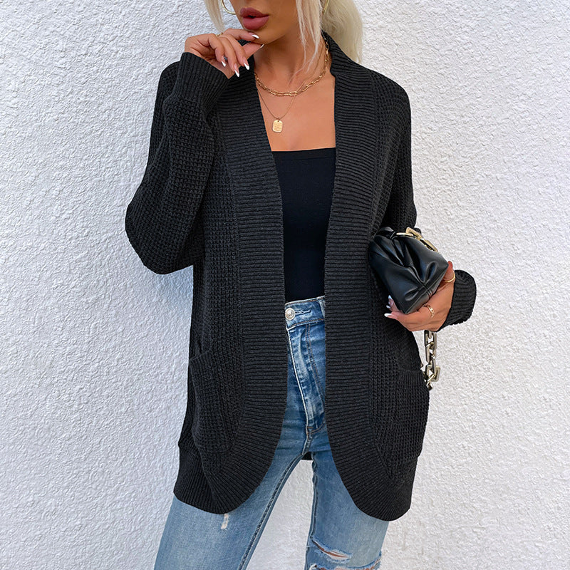 Women's Knitted Sweater Hem Curved Pocket Sweater Women's Jacket