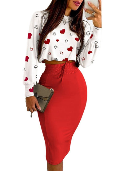 European And American Women's Knitted Print Pencil Skirt Suit