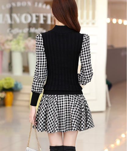 Slim Long-sleeved Plaid Bottoming Single Dress