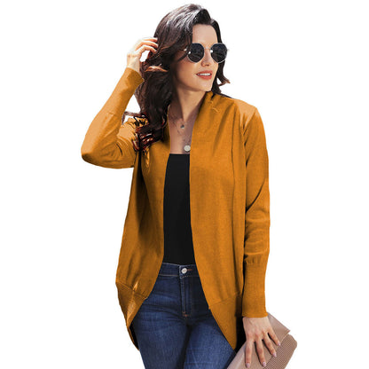 Women's Solid Color Cardigan Sweater Imitation Cotton Mid Length Long Sleeved Jacket