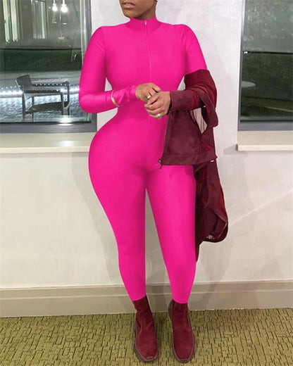 Women's Solid Color Long Zipper Tight-fitting Sexy Long-sleeved Jumpsuit