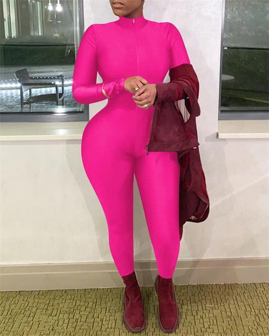 Women's Solid Color Long Zipper Tight-fitting Sexy Long-sleeved Jumpsuit