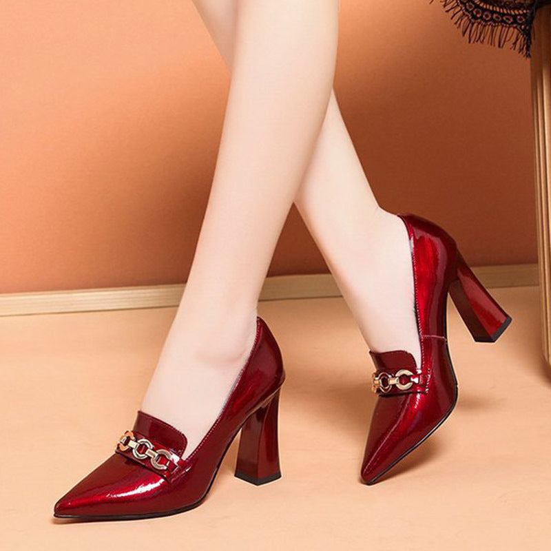 Fashion Leather All-match Thick Heel High Female Pointed Toe Shoes