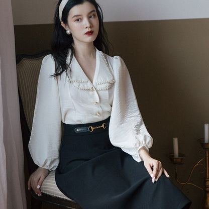 Fashion Pearl Collar Top Retro Skirt Two-piece Suit