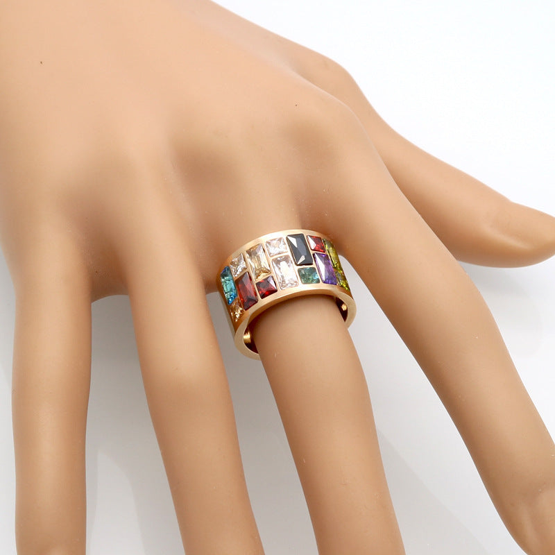 Fashion OL Colorful Ring Titanium Steel With Colored Diamonds