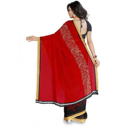 Printed Faux Georgette Red Color Saree