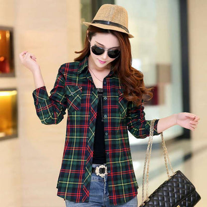 All-match Student Korean Style Loose-fitting Female Plaid Shirt On The Outside