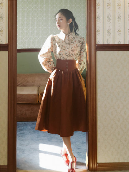 Women's Printed Shirt With High Waist Skirt Two-piece Suit