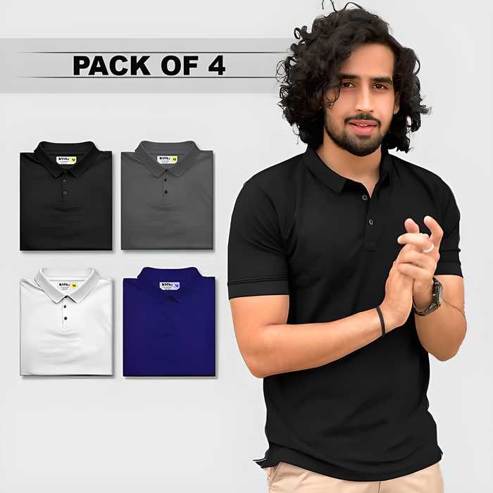 OS Poly Matte Solid Half Sleeves Mens Polo T-Shirt Pack Of 4 PRODUCT CODE (OS0005624)