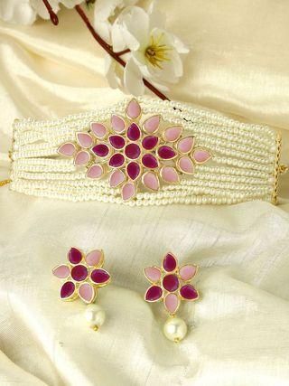 Karatcart Gold Plated Pearl Beaded Royal Pink and Baby Pink Kundan Stone Choker Necklace Set PRODUCT CODE (OS0006774)