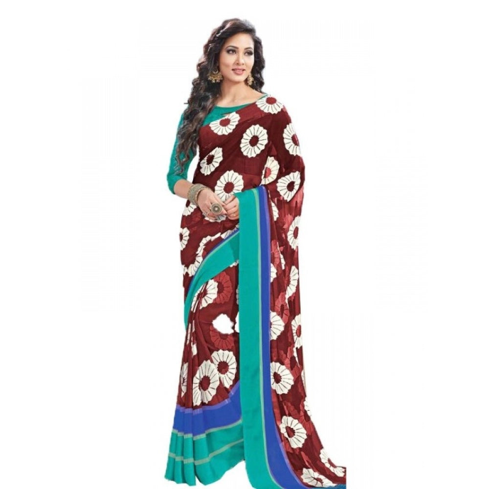 Generic Womens Geogrette Saree with Blouse Digital Printed Saree (Brown, 6.25 Mtr)