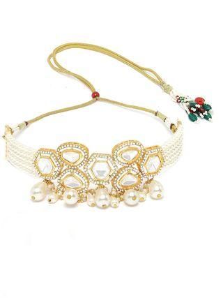 Karatcart Pearl Beaded Polki Kundan Choker Necklace Set for Women PRODUCT CODE (OS0006769)